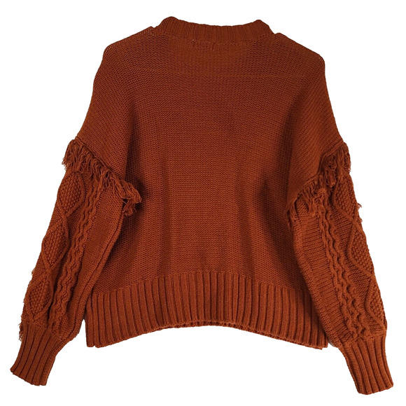 ANA Cable Knit Sweater Petite Small Bishop Sleeve Rust Orange Fringe Bohemian - Picture 2 of 13